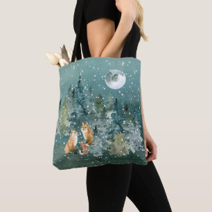 Bolsa Tote Família de Raposas na Floresta Neve sob Lua Cheia