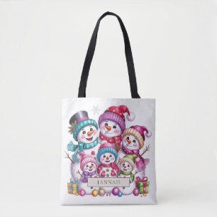 Bolsa Tote Família de Seis Bonecos de Neve Nome de Natal Rosa
