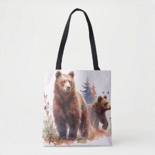 Bolsa Tote Família de Ursos Cinzentos Aquarela - Passeio pelo