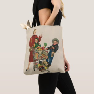 Bolsa Tote Família Retro, Mãe e Crianças, Compro de Compras d