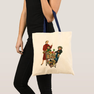 Bolsa Tote Família retro, mamã e miúdos, compras na mercea