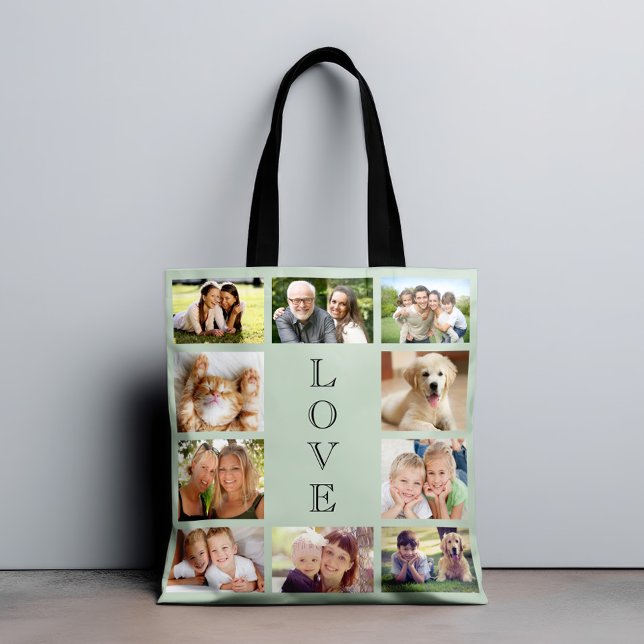 Bolsa Tote Family Love 10 Photo Collage Sage Green (Criador carregado)