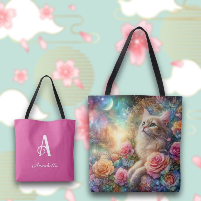 Bolsa Tote Fantasia Floral de Gato de Cana-de-Cama Personaliz (Criador carregado)