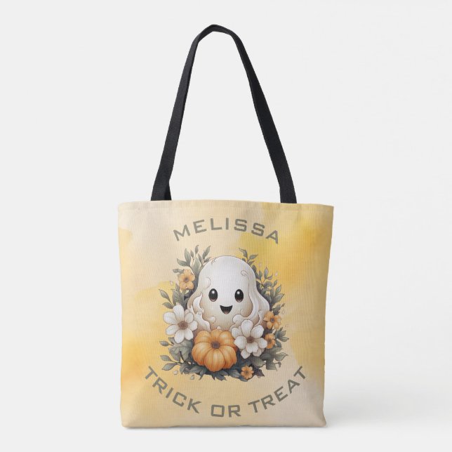 Bolsa Tote Fantasma Bonita do Halloween em Flor com Abóbora (Verso)