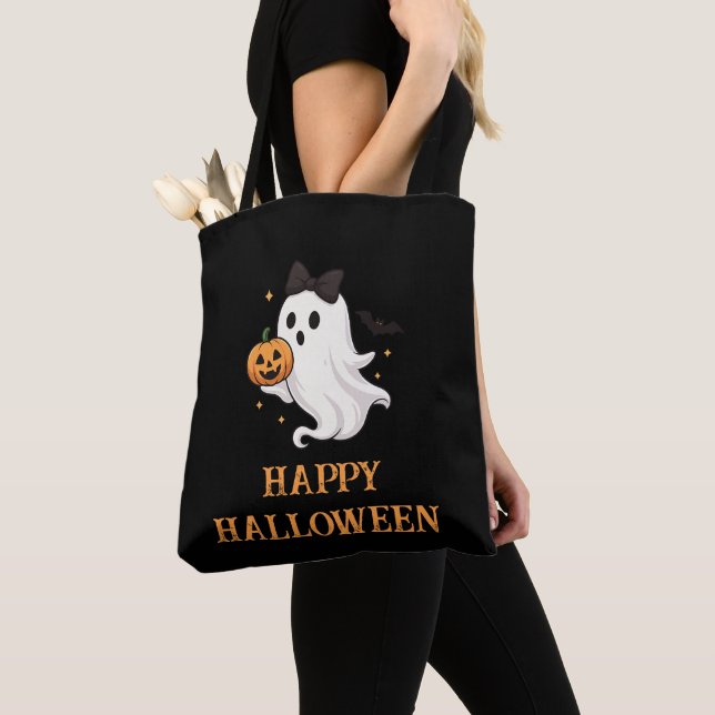 Bolsa Tote Fantasma Bonito com Arco e Pumpkin | Dia das Bruxa (Close Up)
