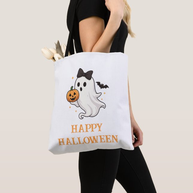 Bolsa Tote Fantasma Bonito com Arco e Pumpkin | Dia das Bruxa (Close Up)