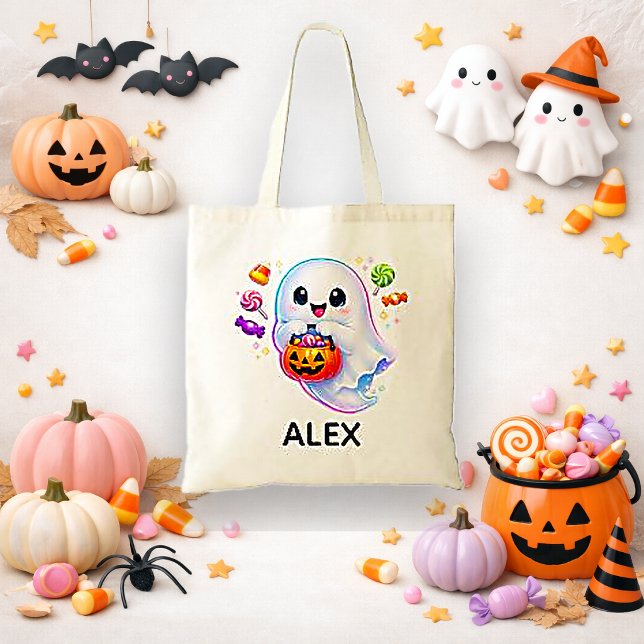 Bolsa Tote Fantasma Bonito de Halloween com Doces Brancos Kaw (Criador carregado)