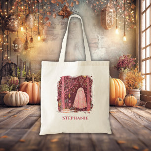 Bolsa Tote Fantasma Cinza-Branca em Floresta Floral Encantada