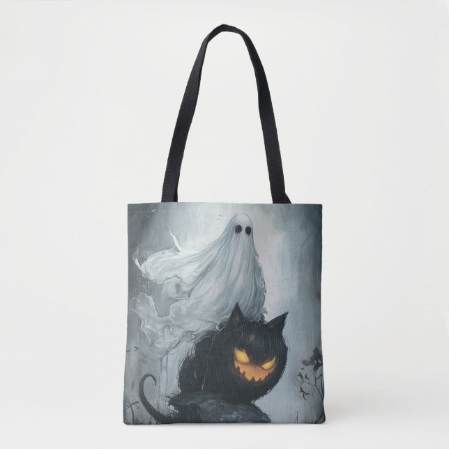 Bolsa Tote Fantasma das Halloween Andando a Gato Negro (Frente)