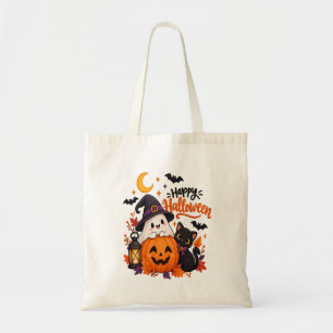 Bolsa Tote Fantasma de Abóbora Feliz no Halloween Gato Preto
