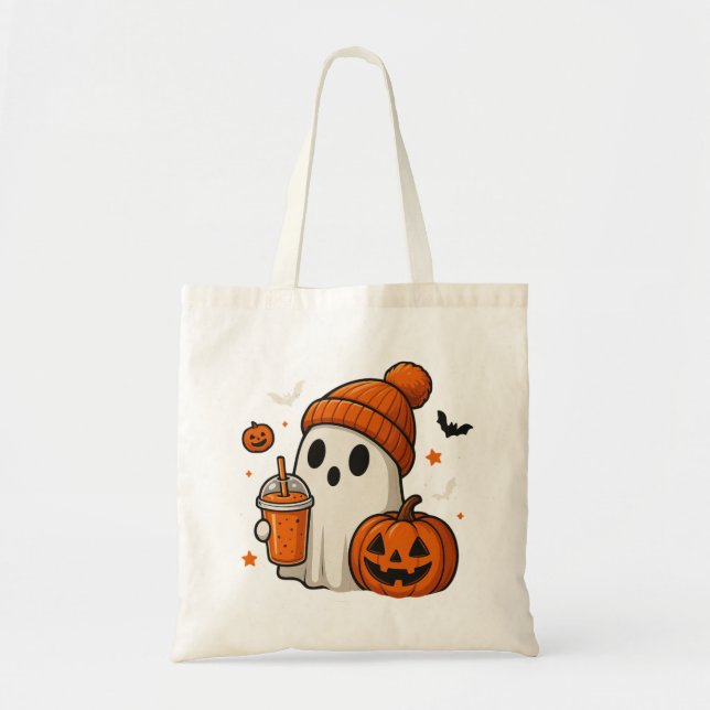Bolsa Tote Fantasma de Halloween Fofo com Abóbora e Bebida  (Frente)
