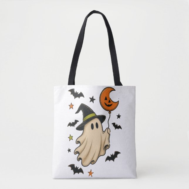 Bolsa Tote Fantasma de Halloween Fofo com Chapéu de Bruxa (Frente)