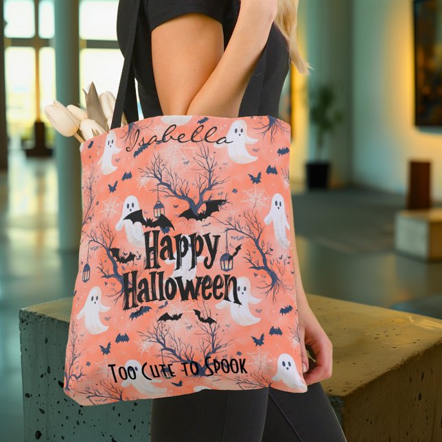 Bolsa Tote Fantasma de Halloween Fofo e Personalizável com Mo (Criador carregado)