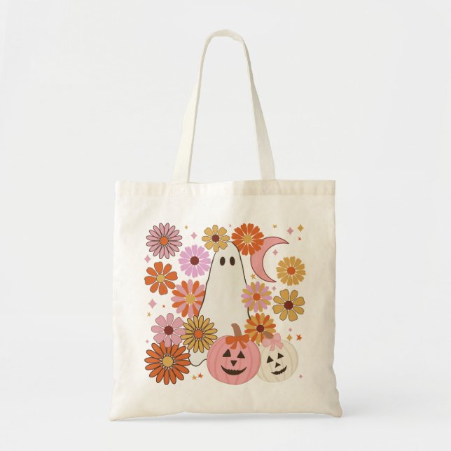 Bolsa Tote Fantasma Floral Retro Halloween (Frente)
