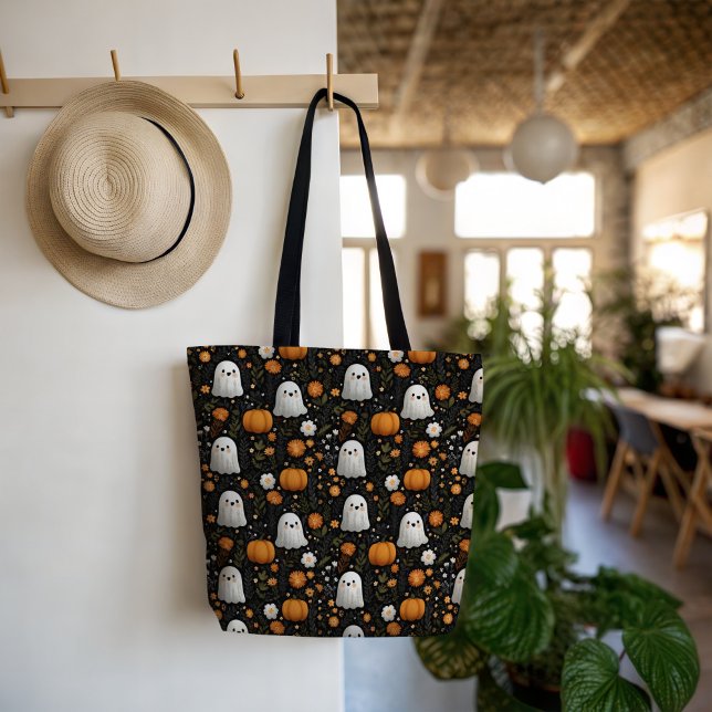 Bolsa Tote Fantasma Fofo Assustador e Padrão de Abóbora no Ha (Criador carregado)