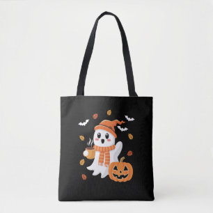Bolsa Tote Fantasma Fofo Bebendo Café Gelado Halloween 
