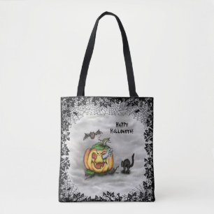 Bolsa Tote Fantasma, Gato, Bat e Pumpkin, Feliz Halloween!