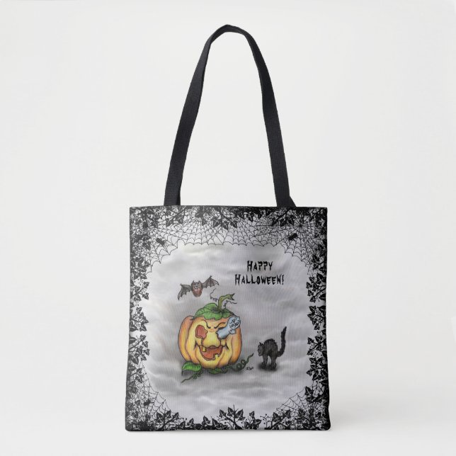 Bolsa Tote Fantasma, Gato, Bat e Pumpkin, Feliz Halloween! (Frente)