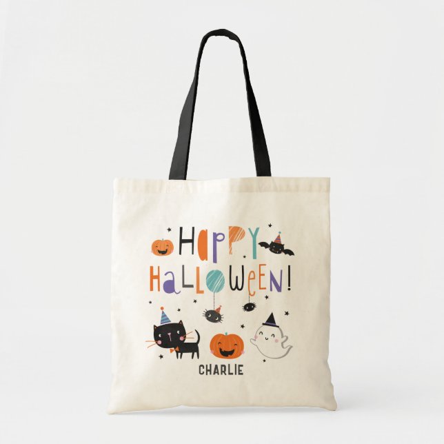 Bolsa Tote Fantasma, Gato, Bat e Pumpkins do Halloween (Frente)