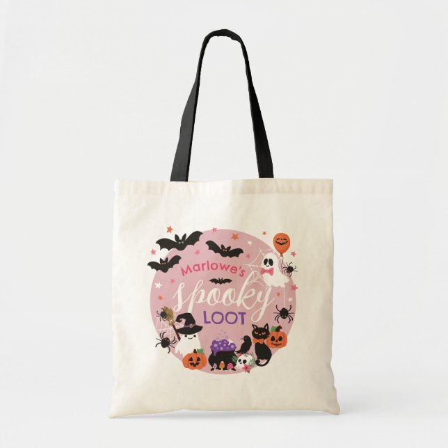 Bolsa Tote Fantasmas Rosa Bats Spooky Loot Girl Halloween (Frente)
