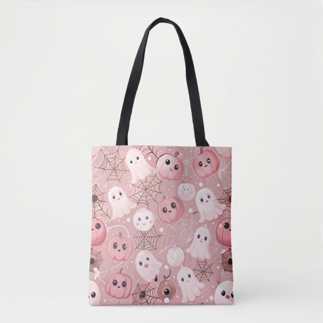 Bolsa Tote Fantasmas Rosa e Pumpkins Whimseen (Frente)