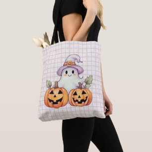 Bolsa Tote Fantasminhas Fofos Chapéus de Bruxa Brilho Dourado