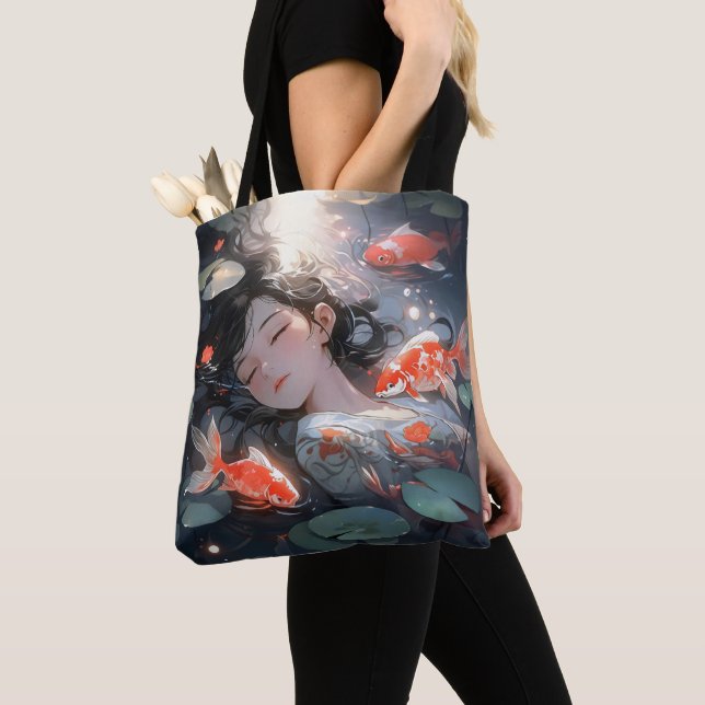 Bolsa Tote Fantasy Anime Girl and Carps (Close Up)