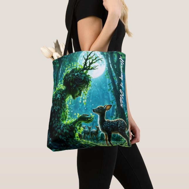 Bolsa Tote Fantasy woodland goddess and gentle deer art (Close Up)