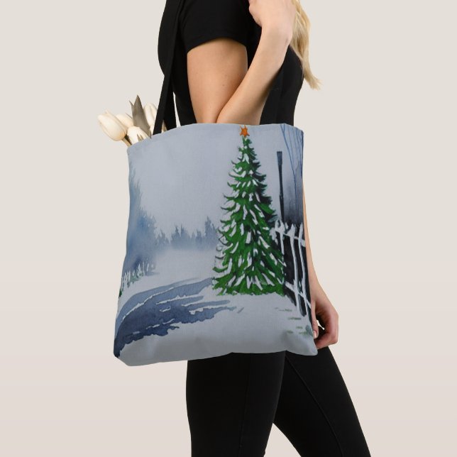 Bolsa Tote Farmhouse Country Christmas Watercolor (Close Up)