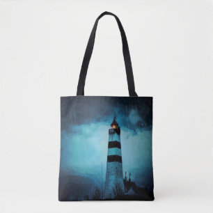 Bolsa Tote Farol azul escuro azul escuro noite náutica