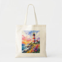 Farol Colorido em Aquarela à Beira-Mar