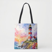 Farol Colorido em Aquarela à Beira-Mar