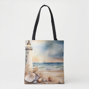 Bolsa Tote Farol de Aquarela e Praia