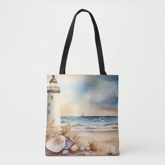 Bolsa Tote Farol de Aquarela e Praia (Frente)