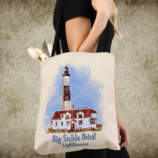 Bolsa Tote Farol de Big Sable Point aquarela - Michigan