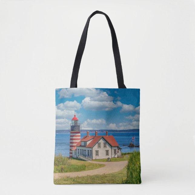 Bolsa Tote Farol de Cabeça de Oeste, Lubec, Maine (Frente)