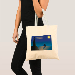 Bolsa Tote Farol e veleiro à noite Oceano iluminado pela Lua