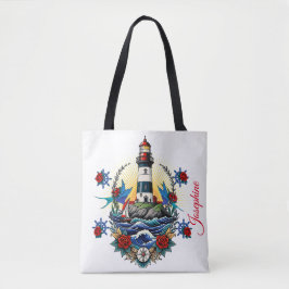 Bolsa Tote Farol Náutico Floral Branco Vermelho Azul