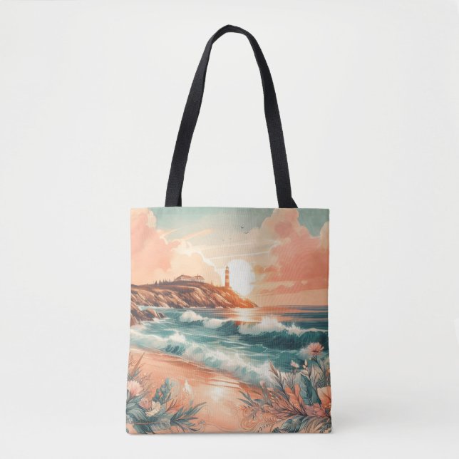 Bolsa Tote Farol Sunset Ocean Beach Boho Floral (Frente)