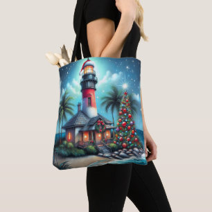 Bolsa Tote Farol Tropical de Natal Whimsical Vermelho Teal