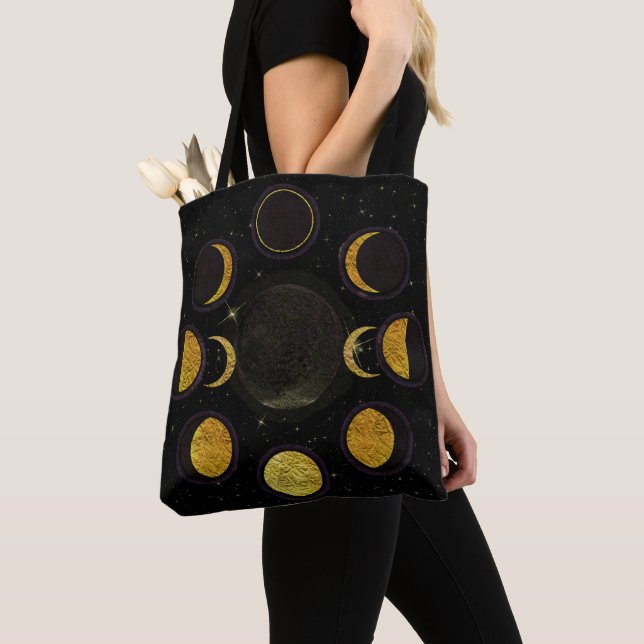 Bolsa Tote Fases da Lua Mágicas Pretas e Douradas (Close Up)