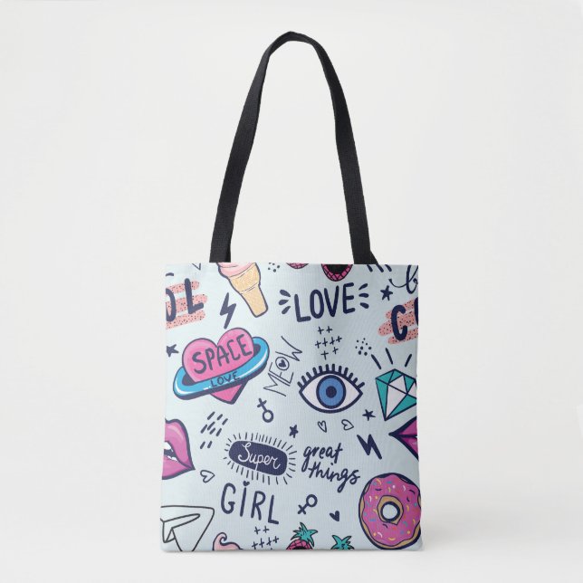 Bolsa Tote Fashion Patch: Pop Art Stickers. (Frente)