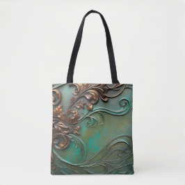 Bolsa Tote Faux 3D design teal e ferrugem floresce