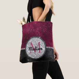 Bolsa Tote Faux Chic Silver Glitter Burgundy Monograma preto