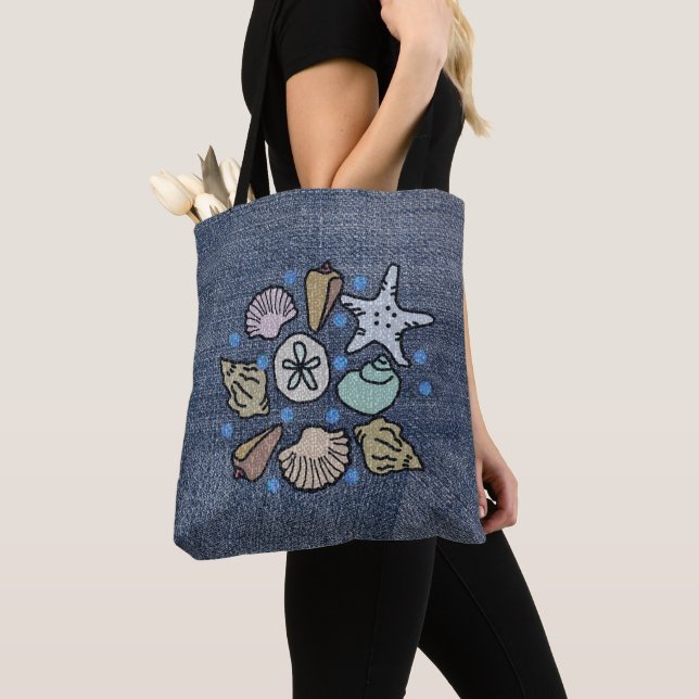 Bolsa Tote Faux Denim Patchwork Seashell Art Bag (Close Up)