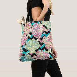 Bolsa Tote Faux Glitter Seashells Chevron