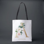Bolsa Tote Faux Gold Foil Bonito Floral - Letra A Monograma<br><div class="desc">Saco floral feminino e elegante com ilustrações aquáticas de flores,  verde e monograma de folha falsa. Personalize adicionando um nome ou uma frase curta. Esta bolsa de tote floral monograma será perfeita como um presente personalizado.</div>