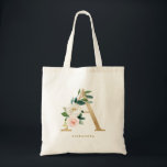 Bolsa Tote Faux Gold Foil Floral A Monograma Bridesmaid<br><div class="desc">Saco de tota floral feminino e elegante com ilustrações aquarelas de flores,  verde e monograma falso. Personalize adicionando um nome ou uma frase curta. Esta bolsa de canvas floral de monograma será perfeita como um presente personalizado.</div>