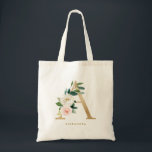 Bolsa Tote Faux Gold Foil Floral A Monograma Bridesmaid<br><div class="desc">Saco de tota floral feminino e elegante com ilustrações aquarelas de flores,  verde e monograma falso. Personalize adicionando um nome ou uma frase curta. Esta bolsa de canvas floral de monograma será perfeita como um presente personalizado.</div>