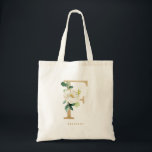 Bolsa Tote Faux Gold Foil Floral - Letra F Monograma Bridesma<br><div class="desc">Saco floral feminino e elegante com ilustrações aquáticas de flores brancas,  verde e letra falsa F monograma. Personalize adicionando um nome ou uma frase curta. Esta bolsa de canvas floral do monograma será perfeita como presente personalizado.</div>
